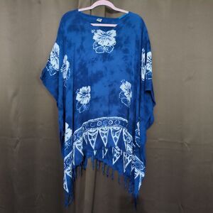 Island Planet Women’s Blue White Floral Print Beach Coverup One Size FLAWS